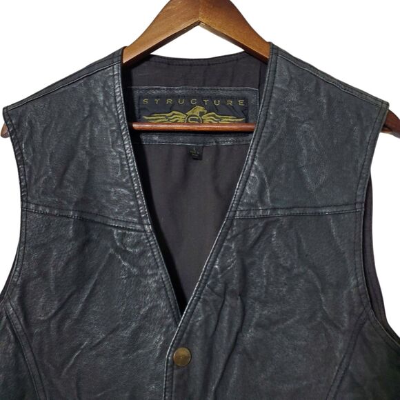 Vintage 90’s Structure Black Leather Snap Biker Vest Size L Mens - Picture 2 of 9